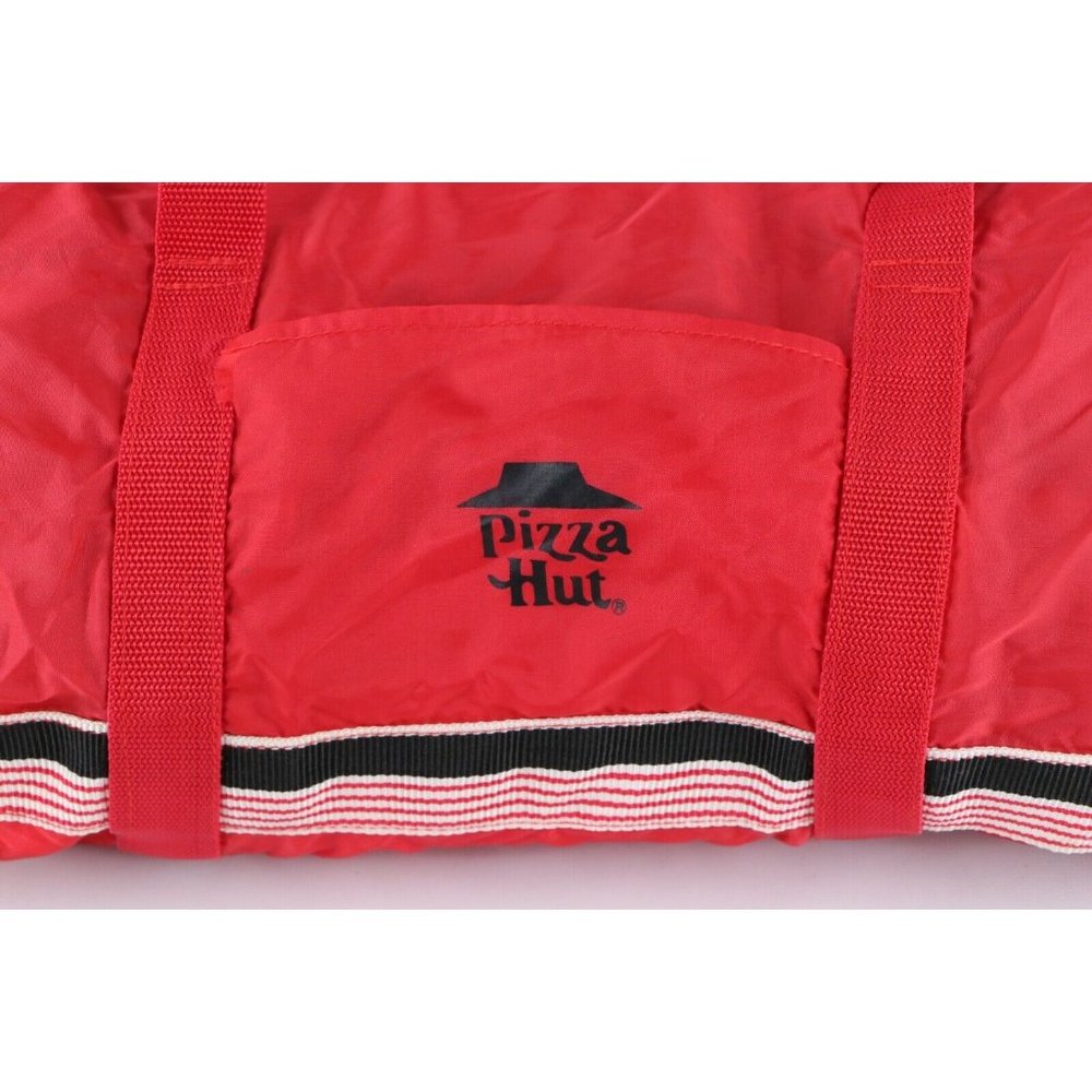 Vtg 90s Pizza Hut Striped Spell Out Handled Duffel Gym Bag Carry On Red Nylon - Picture 2 of 9